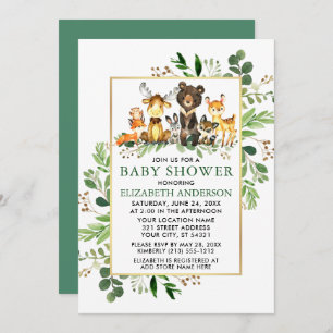 Invitación Woodland Animals Greenery Gold Frame Baby Shower