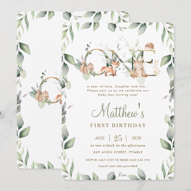 Invitación Woodland Animals Greenery Primer Chica de Birthday (Anverso / Reverso)
