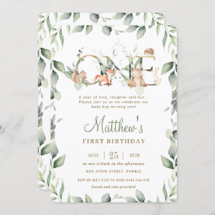 Invitación Woodland Animals Greenery Primer Chica de Birthday