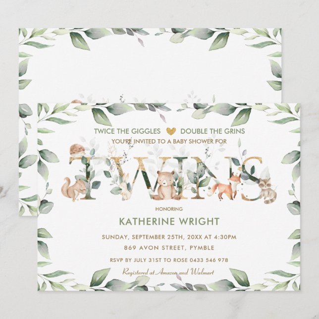Invitación Woodland Animals Greenery Twin Neutral Baby Shower (Anverso / Reverso)
