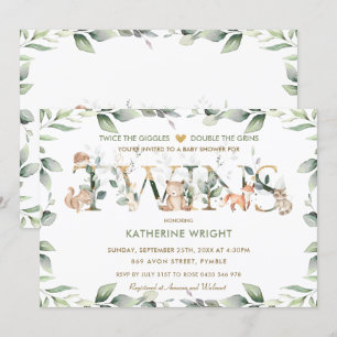 Invitación Woodland Animals Greenery Twin Neutral Baby Shower