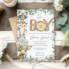 Invitación Woodland Animals Greenery Wood Boy Baby Shower