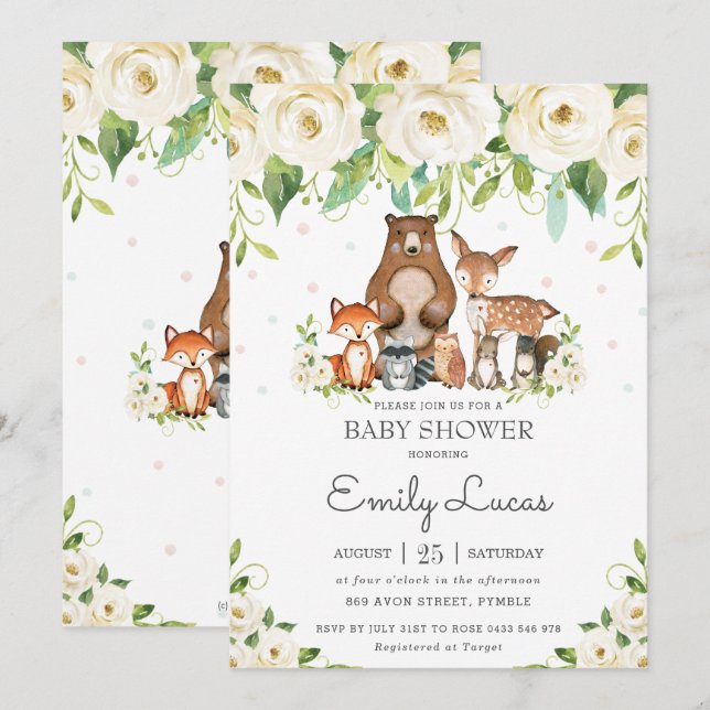 Invitación Woodland Animals Ivory White Floral Baby Shower (Anverso / Reverso)