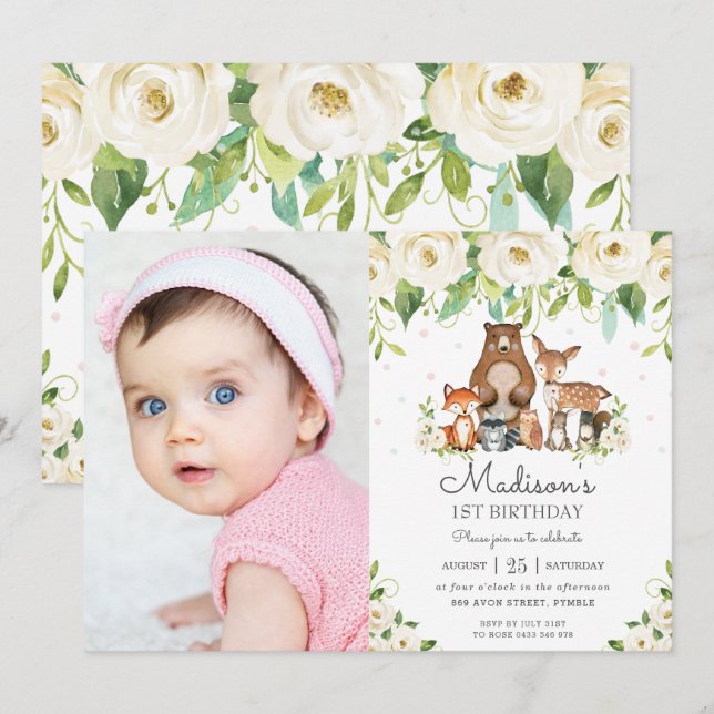 Invitación Woodland Animals Marfil Floral 1er cumpleaños Foto (Anverso / Reverso)