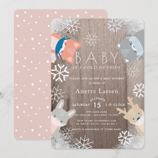 Invitación Woodland Animals Máscara Chica rosado Baby Shower (Anverso / Reverso)
