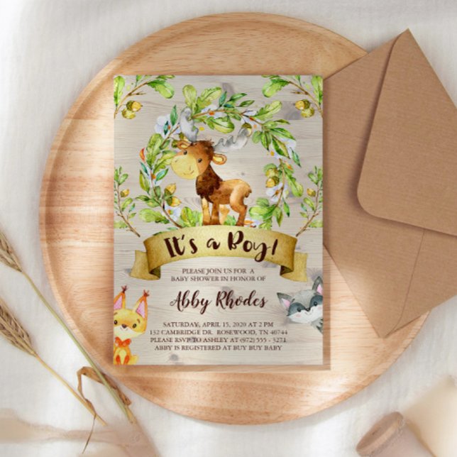 Invitación Woodland Animals Moose Fox Raccoon Baby Shower (Subido por el creador)