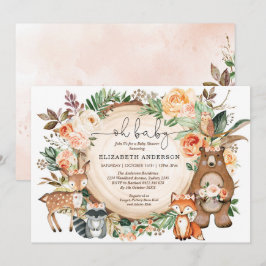 Invitación Woodland Animals Peach Naranja Floral Baby Shower