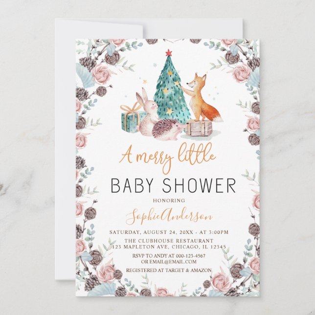 Invitación Woodland Animals Pine Tree Navidad Baby Shower (Anverso)