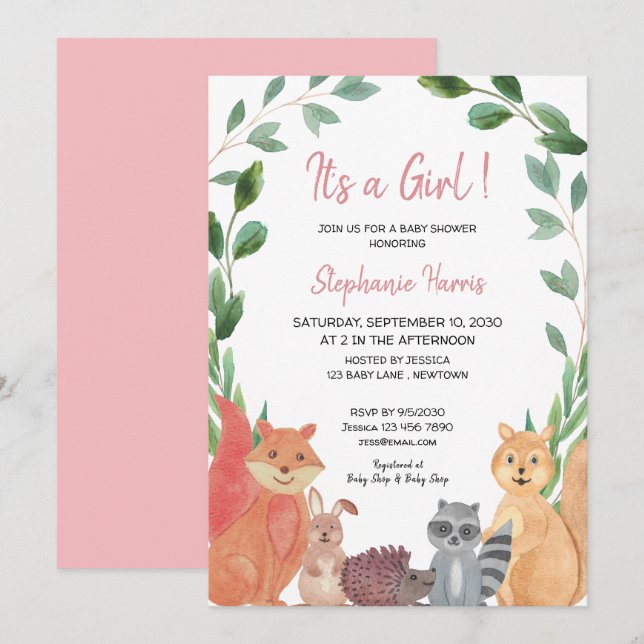 Invitación Woodland Animals Pink Baby Girl Baby Shower (Anverso / Reverso)