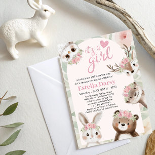 Invitación Woodland Animals Pink Boho Chica Baby Shower