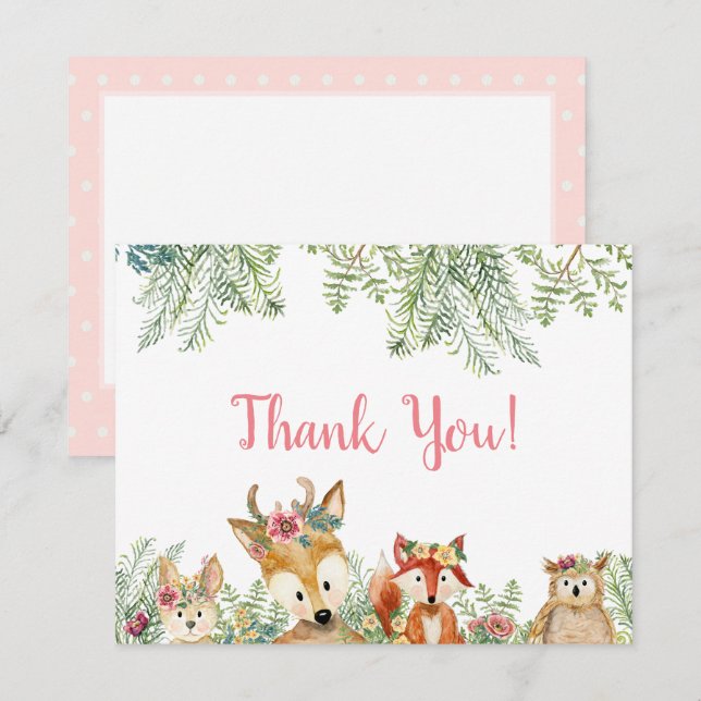 Invitación Woodland Animals Pink Boho Deer n Fox Gracias (Anverso / Reverso)
