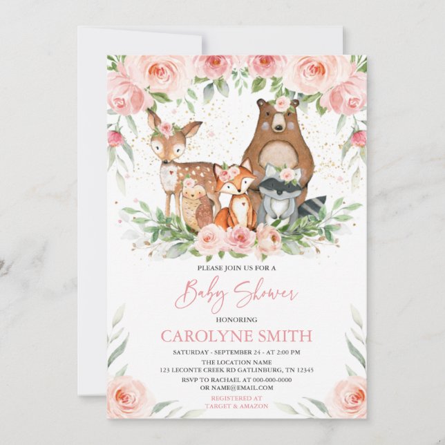Invitación Woodland Animals Pink Floral Baby Shower (Anverso)