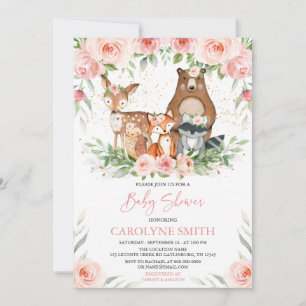Invitación Woodland Animals Pink Floral Baby Shower