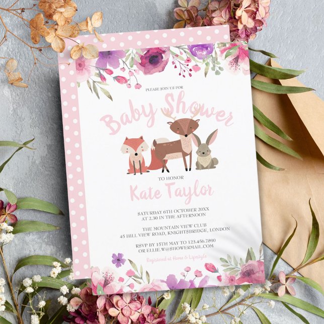 Invitación Woodland Animals Pink Floral Baby Shower (Woodland Animals Pink Floral Baby Girl Shower Invitation)
