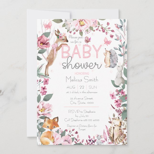 Invitación Woodland Animals Pink Floral Baby Shower (Anverso)