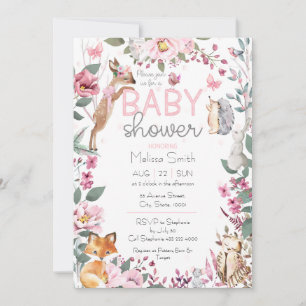 Invitación Woodland Animals Pink Floral Baby Shower