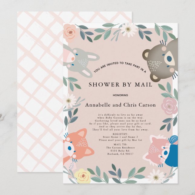 Invitación Woodland Animals Pink Floral Baby Shower por corre (Anverso / Reverso)