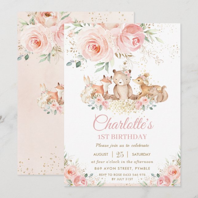 Invitación Woodland Animals Pink Floral Gold Chica Cumpleaños (Anverso / Reverso)