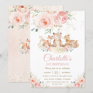 Invitación Woodland Animals Pink Floral Gold Chica Cumpleaños