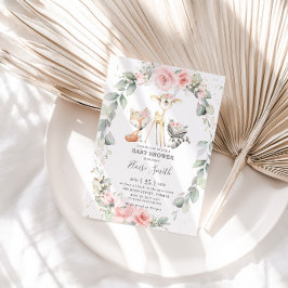 Invitación Woodland Animals Pink Floral Greeneration Baby Sho