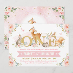 Invitación Woodland Animals Pink Gold Floral 1er cumpleaños