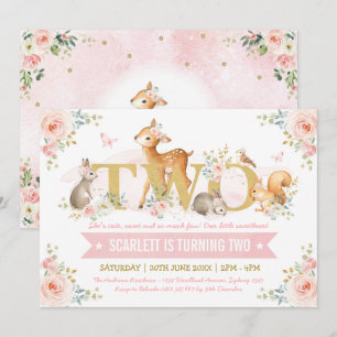 Invitación Woodland Animals Pink Gold Floral Segundo cumpleañ