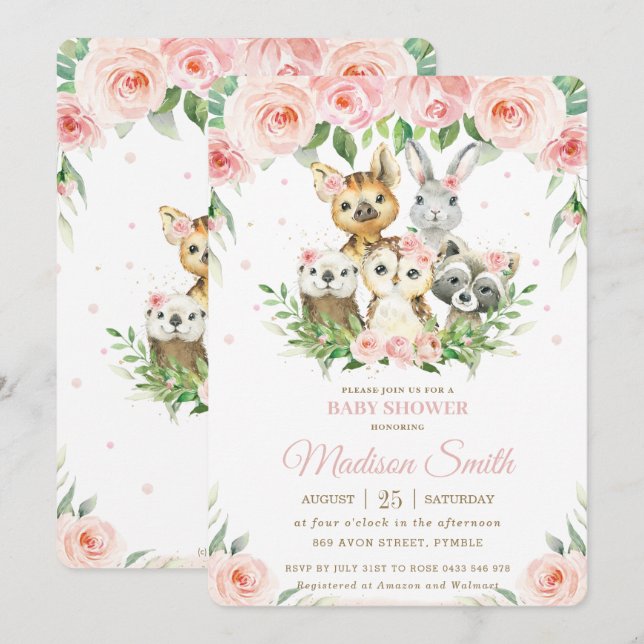 Invitación Woodland Animals Pink Rubor Floral Baby Shower (Anverso / Reverso)