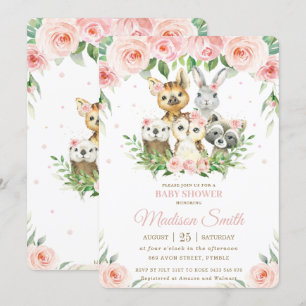 Invitación Woodland Animals Pink Rubor Floral Baby Shower
