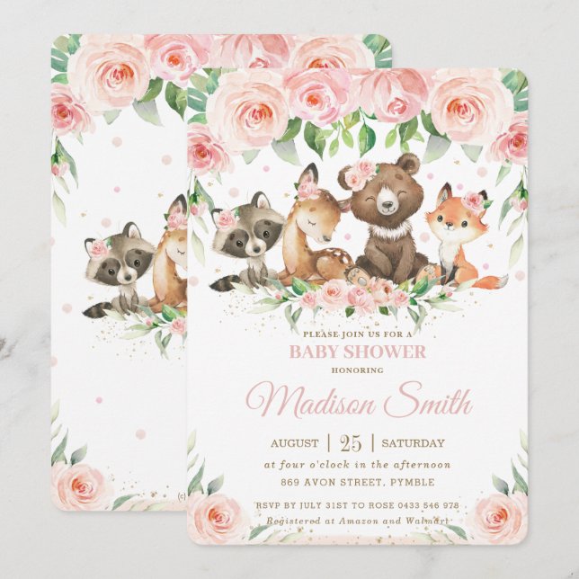 Invitación Woodland Animals Pink Rubor Floral Baby Shower (Anverso / Reverso)