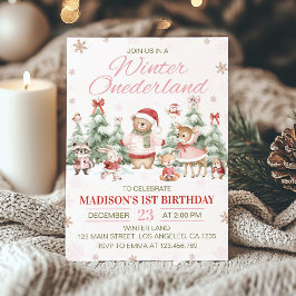 Invitación Woodland Animals Pink Winter Onederland Birthday