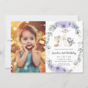 Invitación Woodland Animals Purple Floral Greeneration Cumple