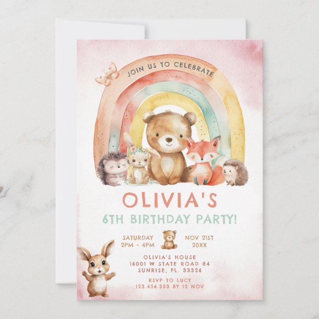 Invitación Woodland Animals Rainbow Floral Birthday (Anverso)