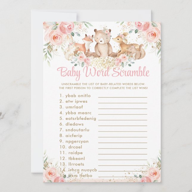 Invitación Woodland Animals Rubor Floral Baby Word Scramble (Anverso)