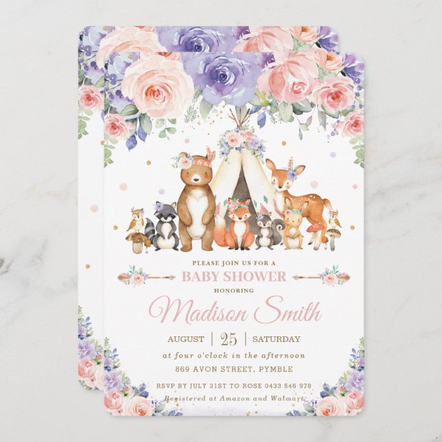 Invitación Woodland Animals Rubor Lilac Floral Baby Shower (Anverso / Reverso)