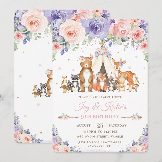 Invitación Woodland Animals Rubor Lilac Floral Birthday (Anverso / Reverso)