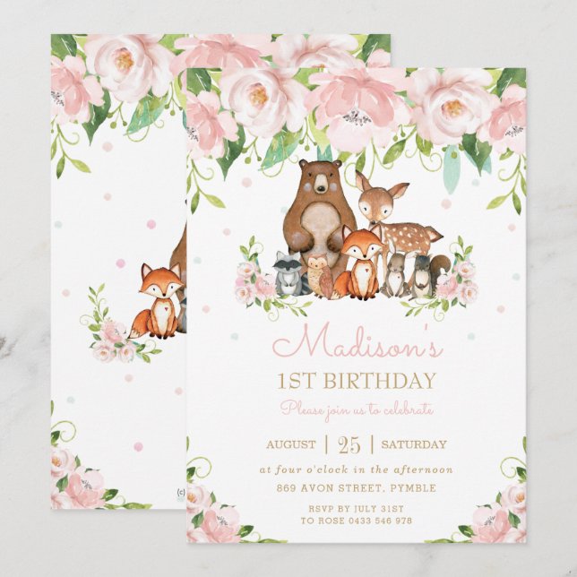 Invitación Woodland Animals Rubor Pink Floral Primer cumpleañ (Anverso / Reverso)