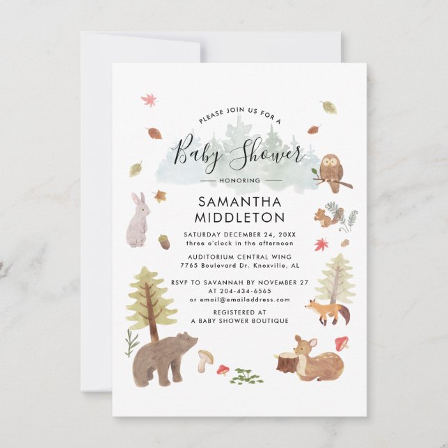 Invitación Woodland Animals Rustic Boys Baby Shower (Anverso)