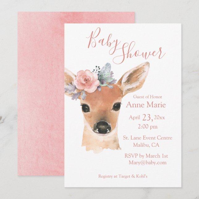 Invitación Woodland Animals Rustic Deer Watercolor Baby (Anverso / Reverso)