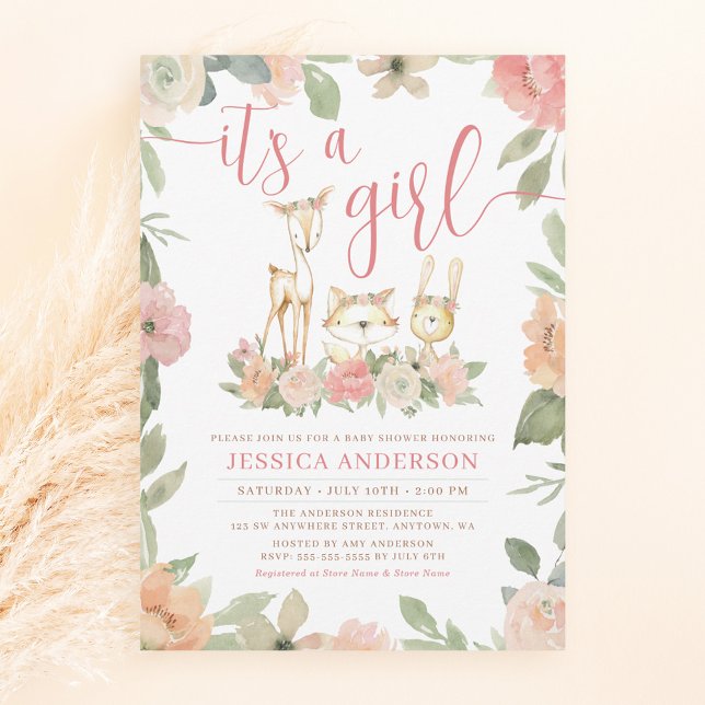 Invitación Woodland Animals Rustic Floral Chica Baby Shower (Subido por el creador)