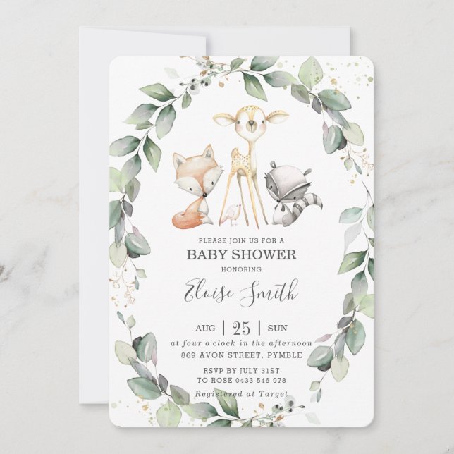 Invitación Woodland Animals Rustic Greenery Leafy Baby Shower (Anverso)