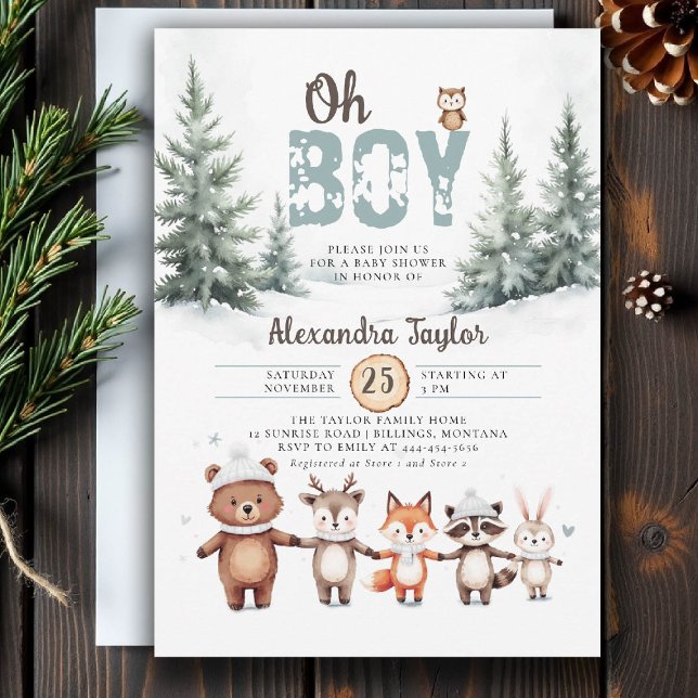 Invitación Woodland Animals Rustic Winter Boy Baby Shower (winter baby shower invitation oh boy cute woodland animals watercolor snow rustic adventure)