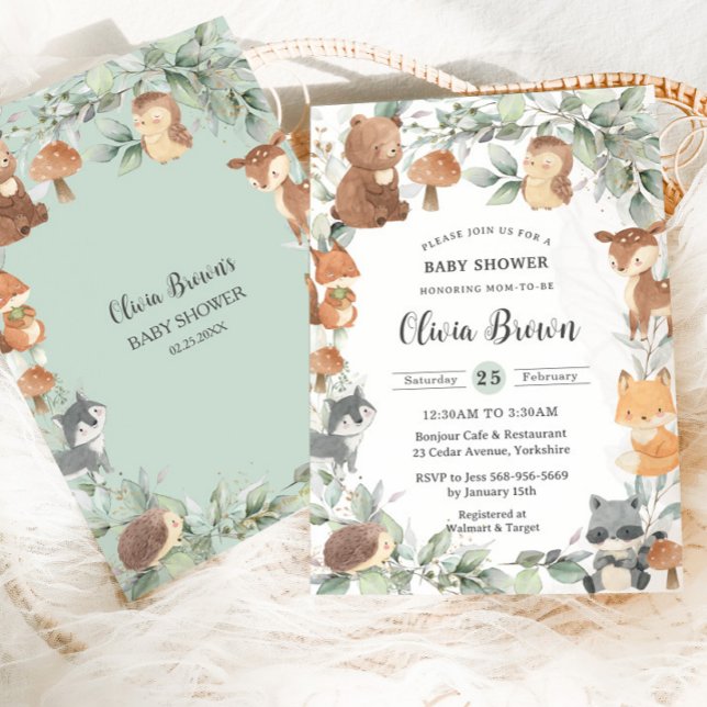 Invitación Woodland Animals Sage Greenery Neutral Baby Shower (Subido por el creador)