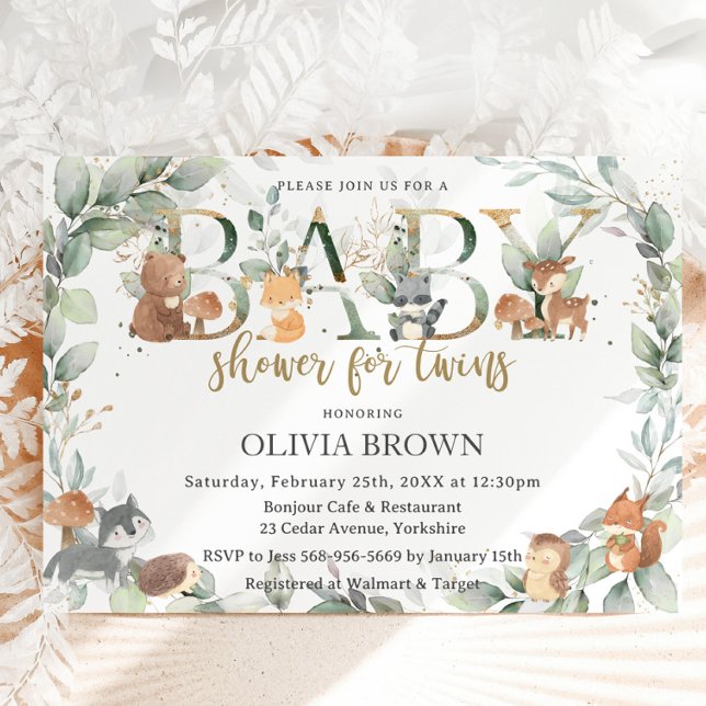 Invitación Woodland Animals Sage Greenery Twins Baby Shower (Subido por el creador)