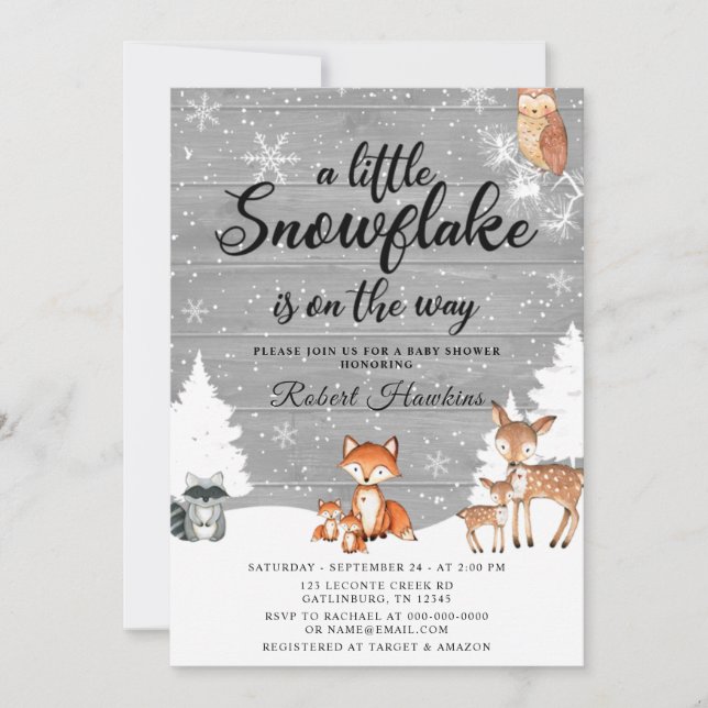 Invitación Woodland Animals Snowflake Baby Shower (Anverso)