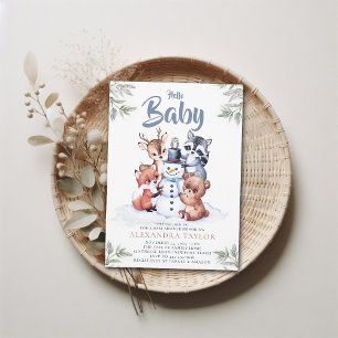 Invitación Woodland Animals Snowman Character Boy Baby Shower