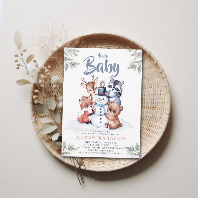 Invitación Woodland Animals Snowman Character Boy Baby Shower (winter baby shower invitation boy woodland snowman cute characters watercolor illustration modern)