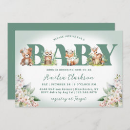 Invitación Woodland Animals Soft Green & Floral Baby Shower