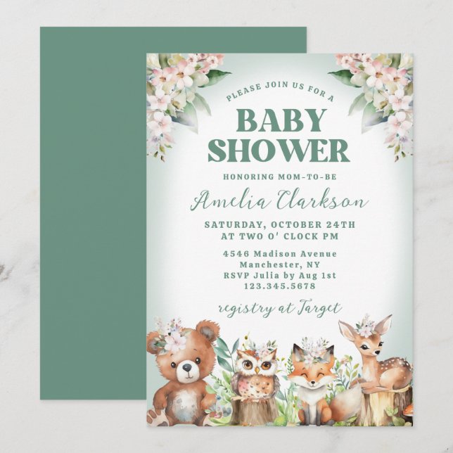 Invitación Woodland Animals Soft Green & Floral Baby Shower (Anverso / Reverso)