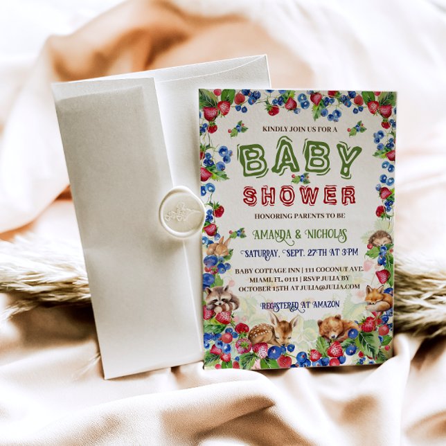 Invitación Woodland Animals Strawberry Blueberry Baby Shower (Subido por el creador)