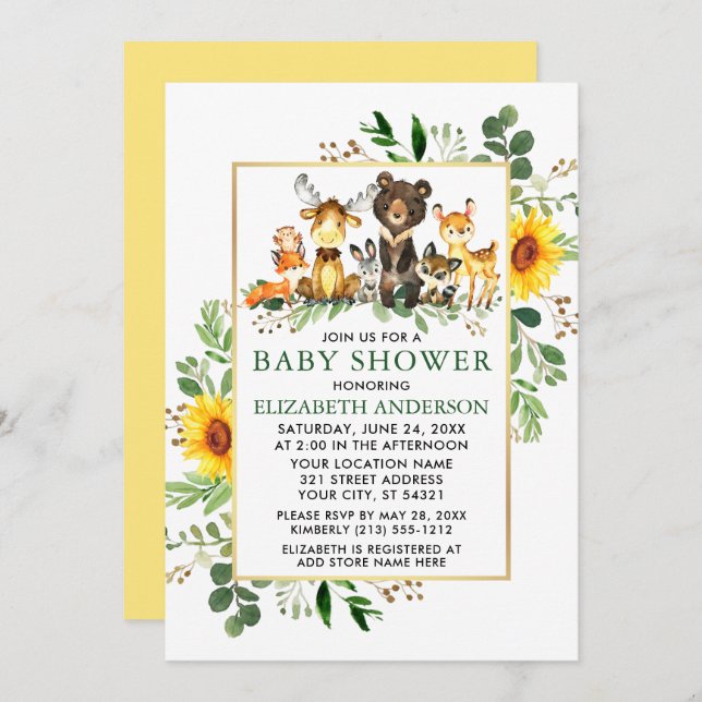 Invitación Woodland Animals Sunflowers Baby Shower (Anverso / Reverso)